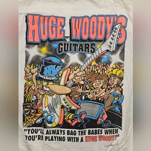 Vintage 90s Huge Woody's Guitars Rockn Roll shirt Hanes L White Single Stitch